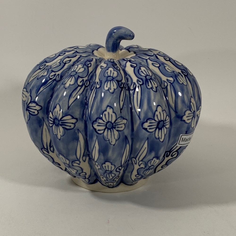 Vintage Blue White Handpainted Porcelain Pumpkin